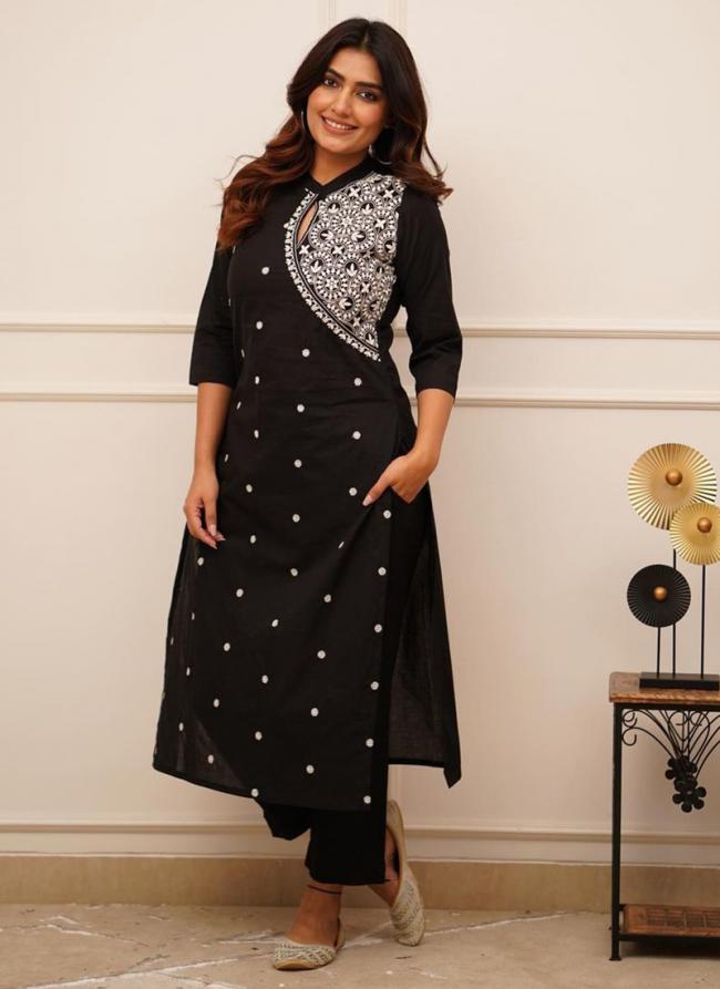 Cotton Black Office Wear Embroidery Work Readymade Kurti With Pant